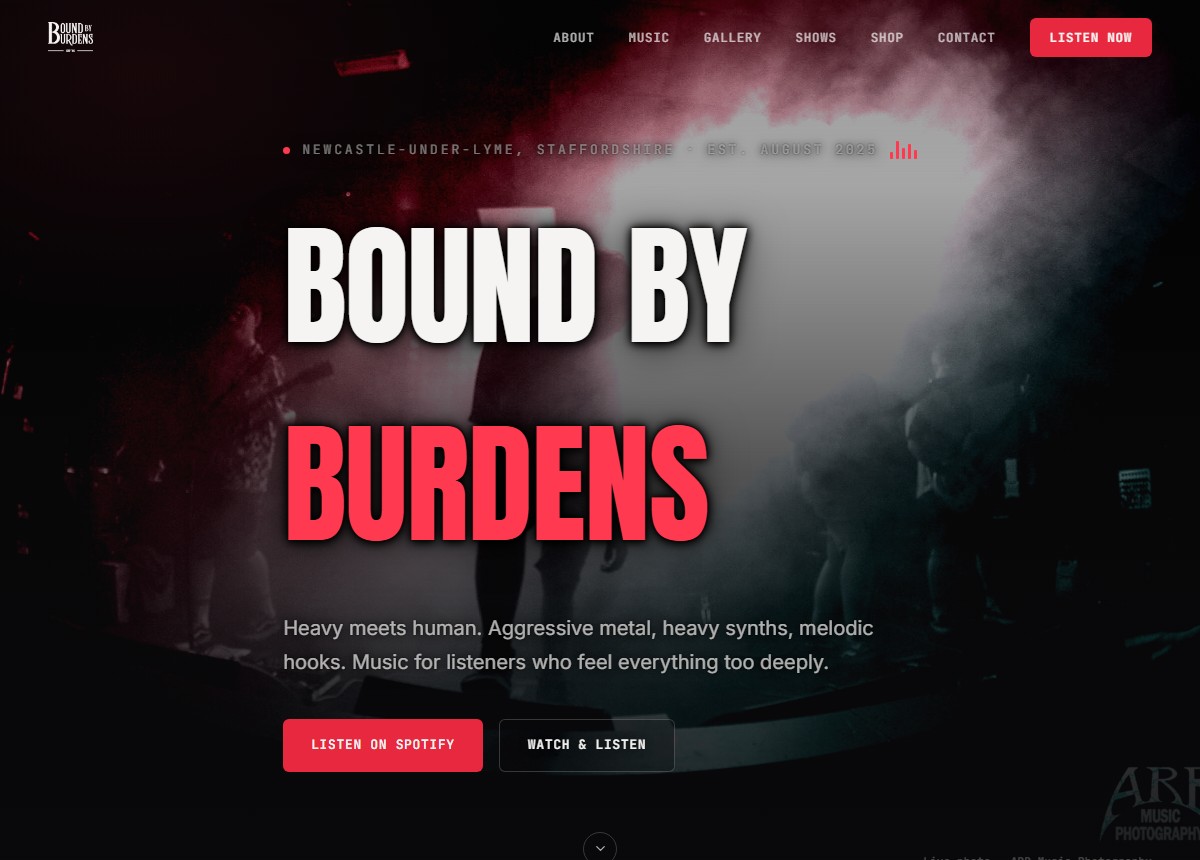 Bound by Burdens band website built by Climbio