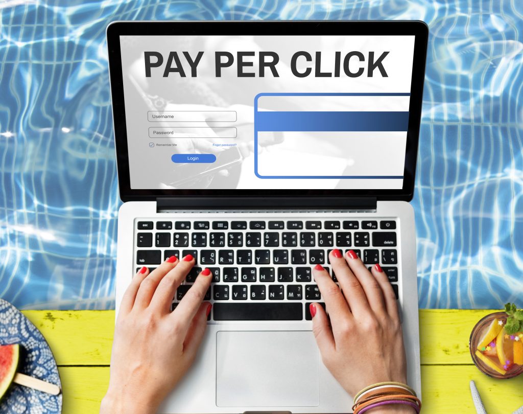 Pay Per Click" in bold letters, representing online advertising.